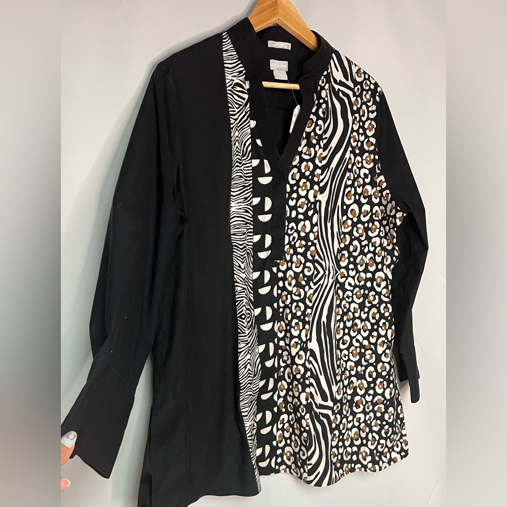 Chico’s Button-Front No-Iron Mixed Animal Print Blouse